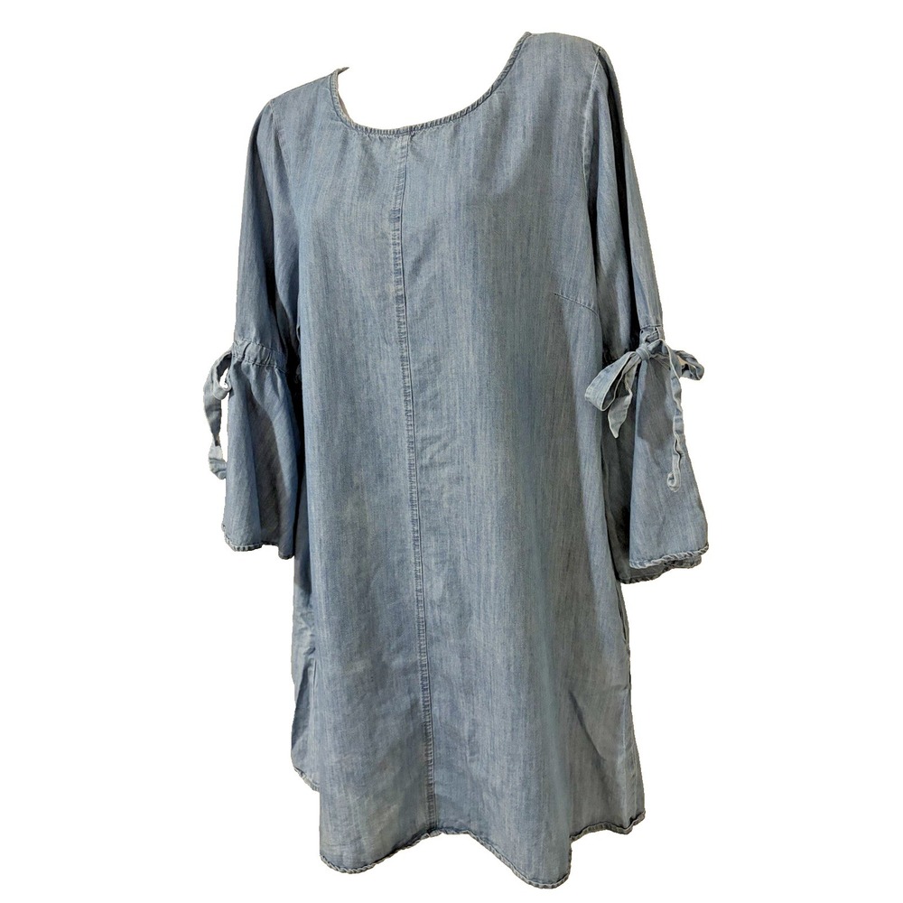 SPENSE Blue Chambray Denim Shift Dress~14~Bell Sleeves Keyhole Tie Back Coastal